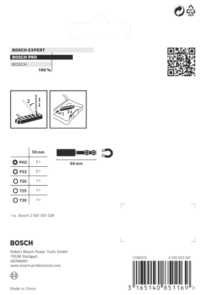 PRO Impact Screwdriver Bit Set  PH2; PZ2; T20; T25; T30 60; 50; 50; 50 50 mm Screwdriver Bit:
PH2 (2x); PZ2 (2x); T20; T25; T30.
60 mm Bit Holder:
Standard Bit Holder. 8 Pcs