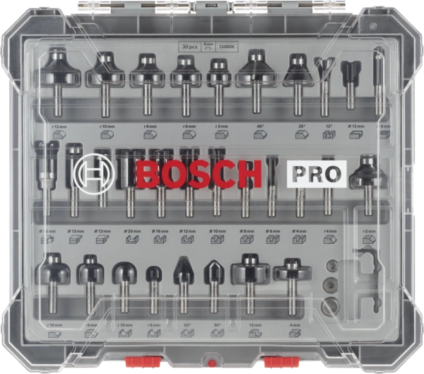 PRO Router Bit Mixed Set, 30 pcs 6 4; 6; 8; 10; 12; 16; 20; 19; 25; 29; 32; 38; 13; 13; 16; 8; 32; 32; 35; 25; 16; 16; 13; 27; 12; 20; 22; 29; 32; 12